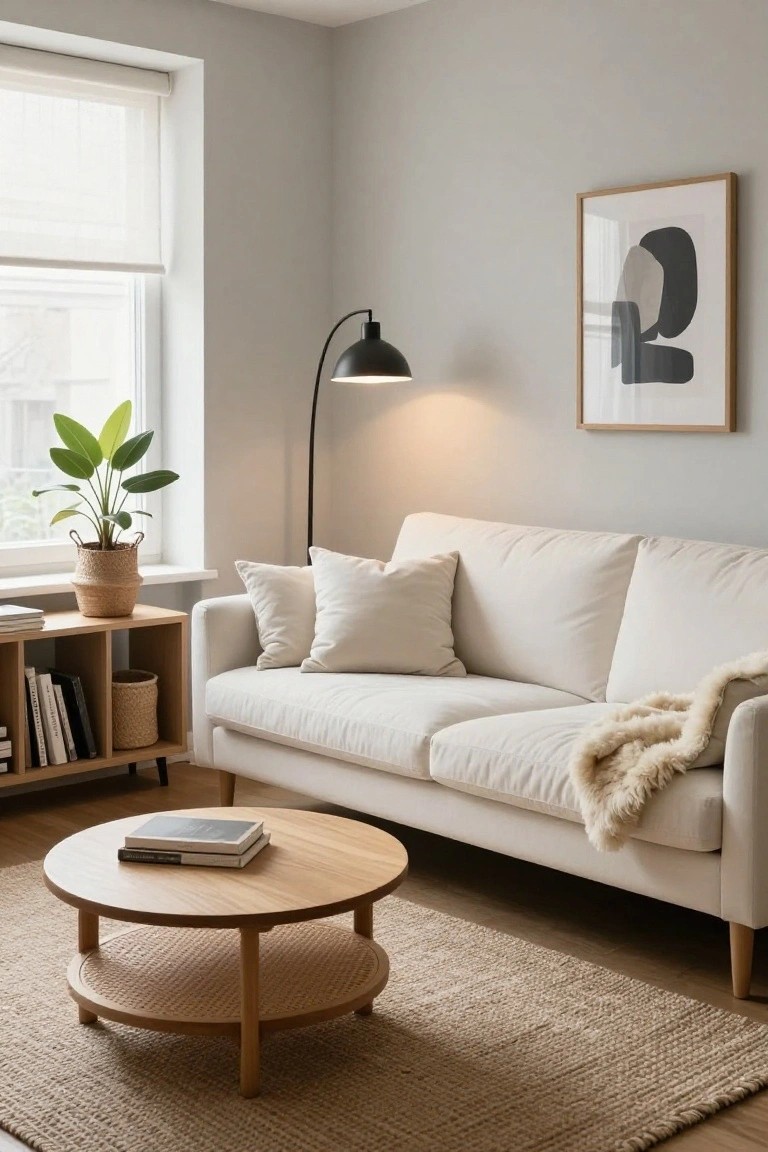 Light gray living room with cream sofa topped by pillows and fur throw, round wooden coffee table on seagrass rug, wooden side table holding books and potted plant, black arc lamp, and abstract black and white framed art near window with roller shade.