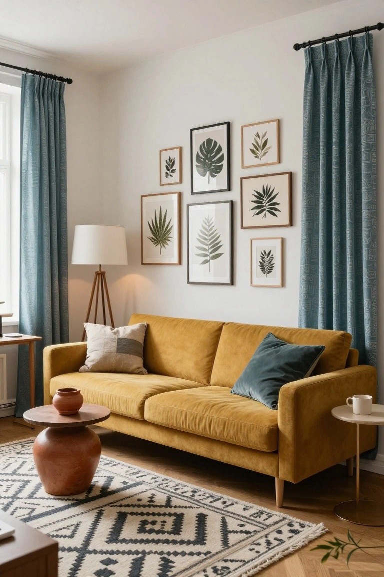 Living room with mustard yellow velvet two-seater sofa, multiple framed botanical leaf prints on white wall, blue patterned curtains, tripod floor lamp, terracotta pots on round table, and black-and-white patterned rug on wood floor.