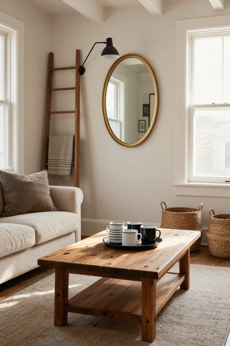 Beige linen sofa with taupe pillows facing a rustic wooden coffee table holding white mugs, black cups, and plates on a black tray, with seagrass baskets nearby, wooden ladder shelf draped with a blanket, gold oval mirror, wall lamp, and two windows in a light room.