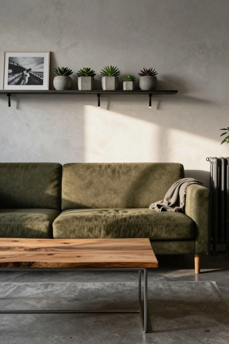 A three-seater sofa in deep green velvet with wooden legs in a minimalist living room, featuring a live-edge wooden coffee table on metal legs, gray throw blanket, potted succulents on a wooden shelf, and a radiator.