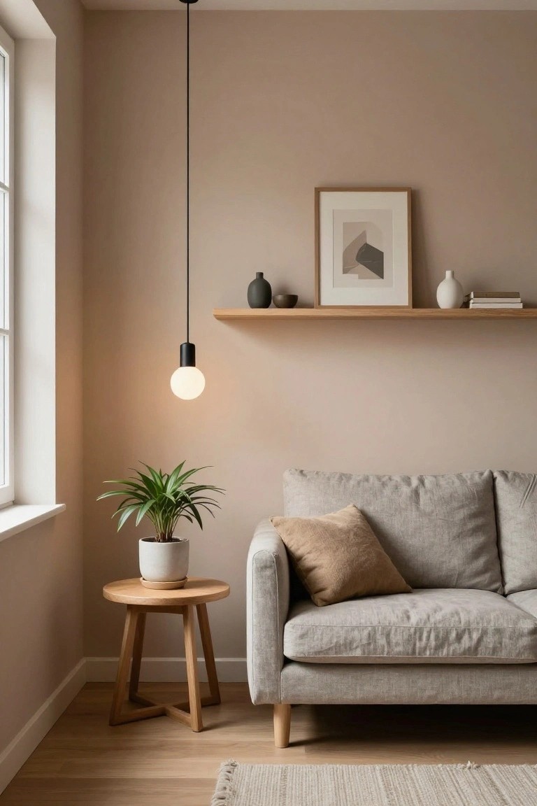 Minimalist living room with beige sofa, pendant light, and wooden shelf.