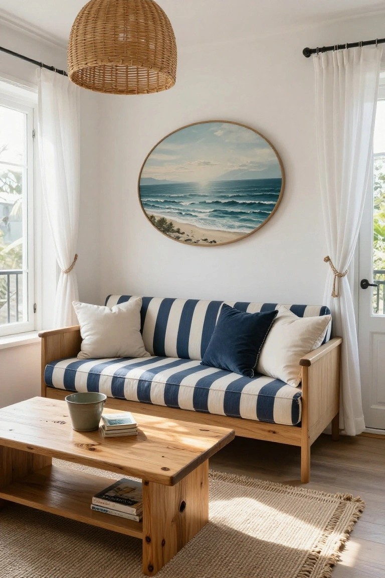 A small indoor room featuring a navy and white striped wooden-framed sofa with pillows, a wooden coffee table with books, a rattan pendant light, white curtains on windows, and a round framed painting of ocean waves on the wall.