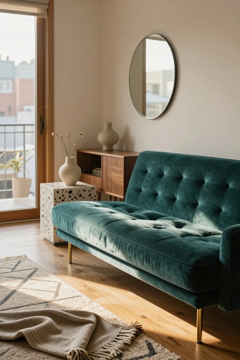 Tufted emerald green velvet sofa with gold legs in a beige living room featuring wooden credenza, white ceramic vases with dried flowers, round mirror, and sliding glass door to balcony.
