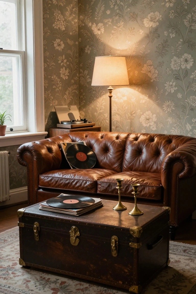 Brown tufted leather Chesterfield sofa in a living room corner with floral wallpaper, vinyl records on cushions and table, brass candlesticks on wooden trunk coffee table, floor lamp, and turntable nearby.