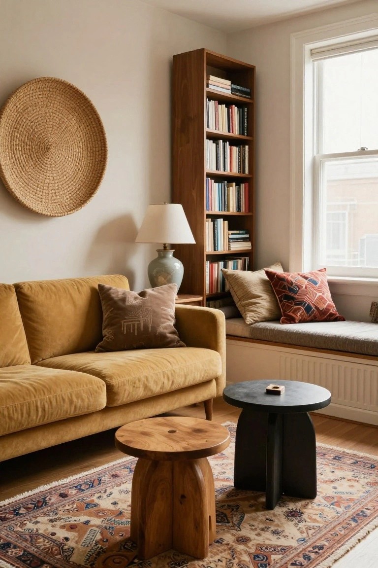 A mustard yellow velvet sofa positioned next to a gray cushioned window seat in a light beige room with wooden bookshelves, two stools, a patterned rug, lamp, vase, and woven wall hanging.