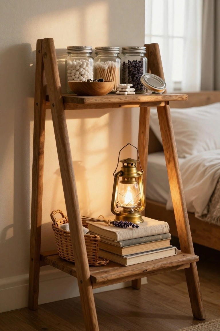 Wooden ladder shelf with glowing lantern, books, jars, and basket.
