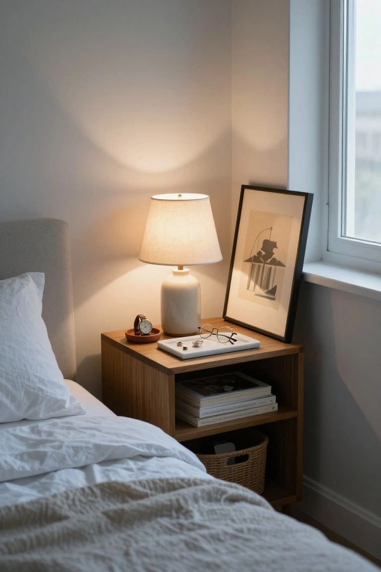 A wooden bedside table next to a bed holds a lamp, framed art, and a tray with glasses and a watch, with books on the open shelf and a woven basket below.