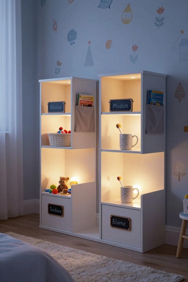 White illuminated children's storage shelves with toys and books in a blue room.