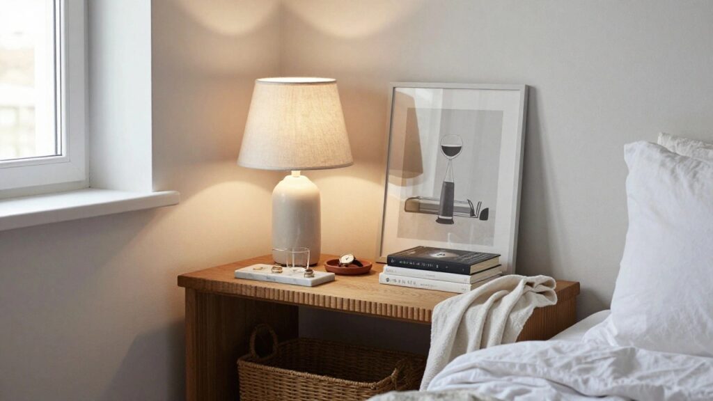 19 Smart Bedside Table Organization Ideas to Maximize Every Inch A wooden bedside table next to a bed holds a lamp, framed art, and a tray with glasses and a watch, with books on the open shelf and a woven basket below.