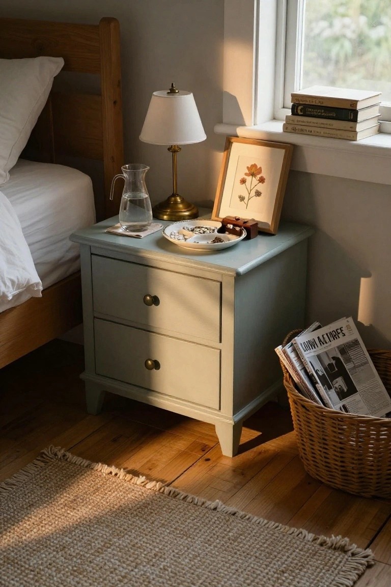 A wooden nightstand with lamp, books, and jewelry beside a sunlit bed.