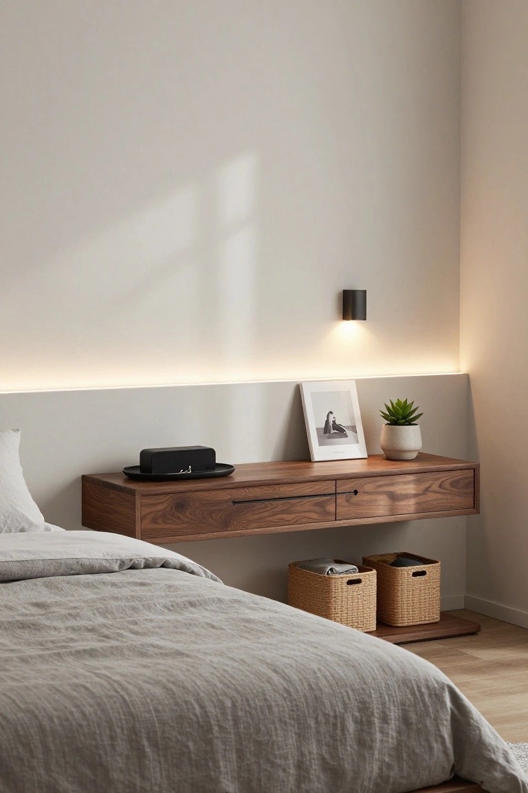 Minimalist bedroom with floating walnut nightstand, woven baskets, and soft lighting.