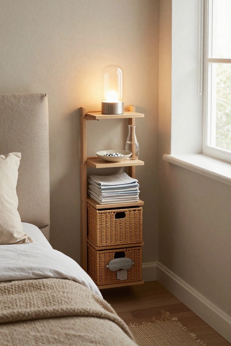 A wooden vertical shelf unit stands beside a bed, holding a lit lamp on the top shelf, a bowl and glass carafe on the middle shelf, folded linens below, and two wicker baskets at the bottom.