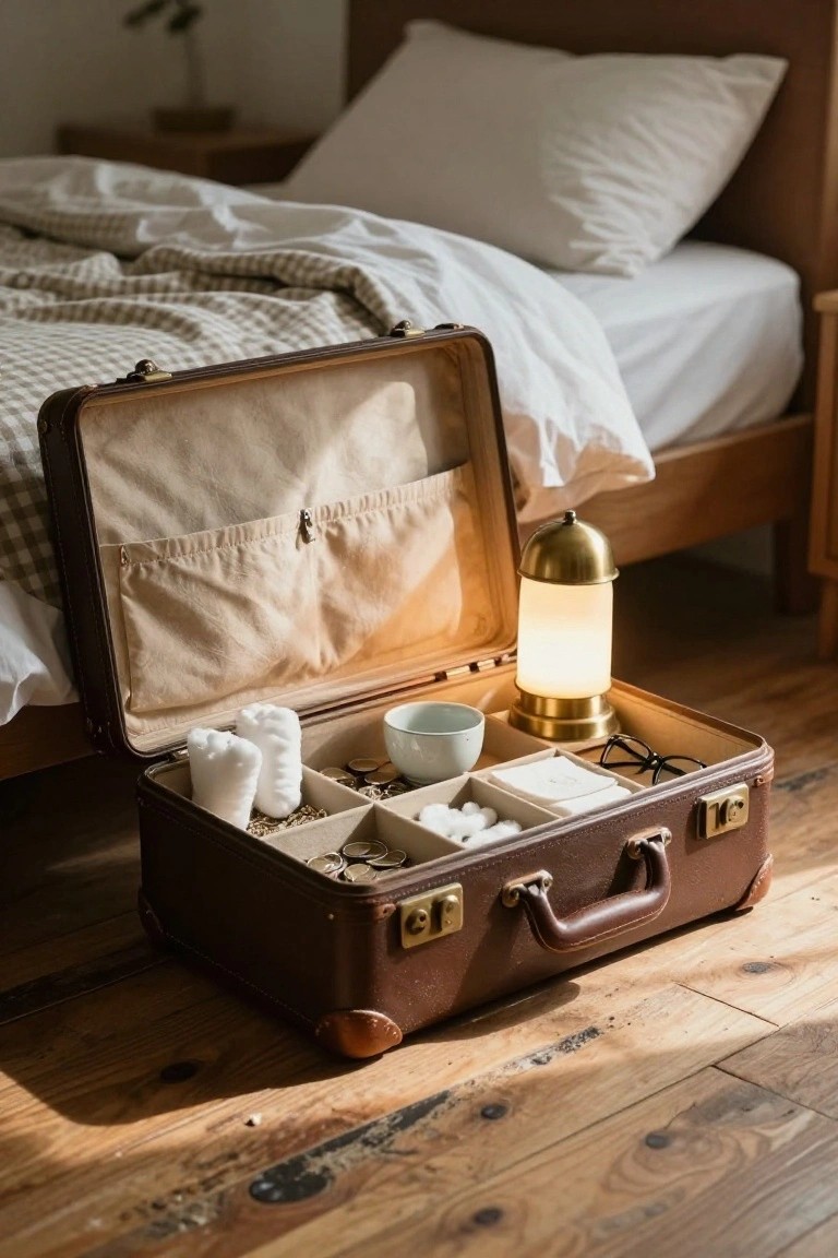 Open brown leather suitcase with lantern, coins, and items on wooden floor.