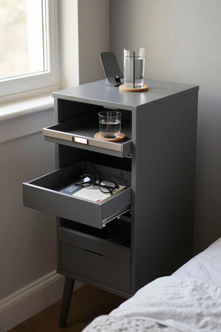 Gray nightstand with open drawers showing book, glasses, and glass of water.