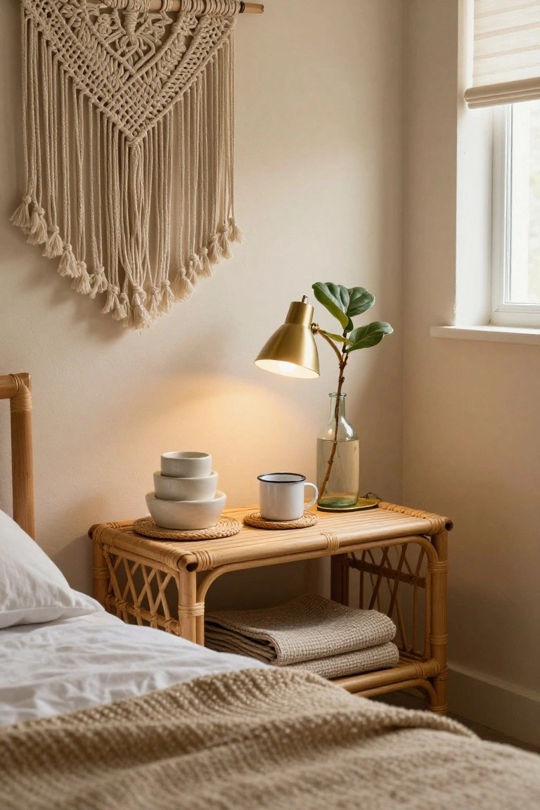 Bamboo nightstand with lamp, macrame, and cozy bedding.