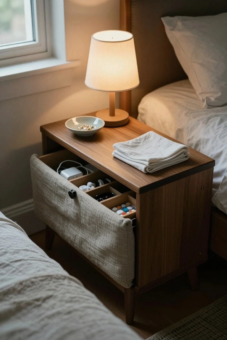 Wooden nightstand with open drawer, lit lamp, and folded cloth.