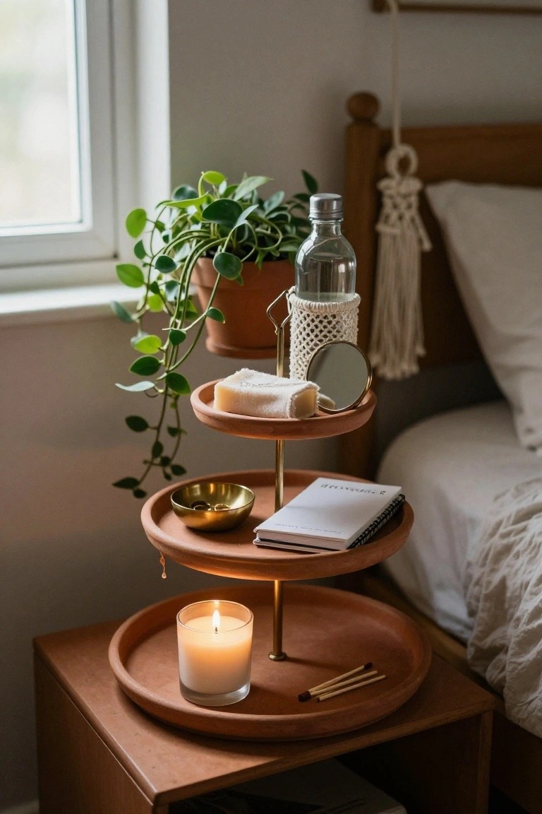 Three-tiered wooden tray with lit candle, notebook, and plant nearby.