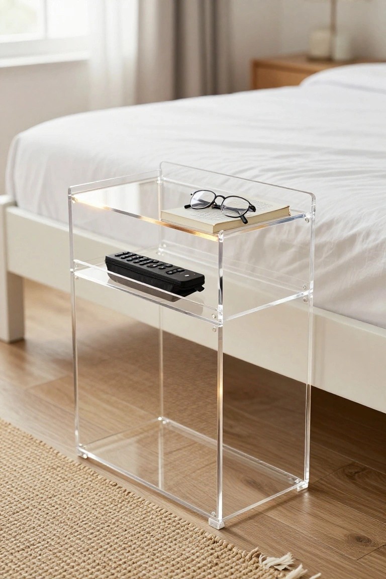 Clear acrylic two-tier nightstand beside white bed with book and remote.