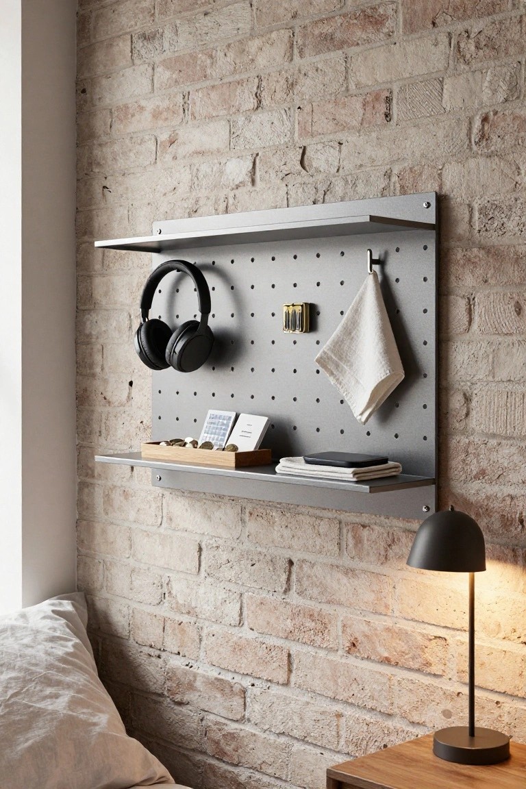 A gray metal pegboard with two shelves is mounted on a brick wall, holding black headphones, a white cloth, and small items next to a bed with a black lamp on a wooden surface.