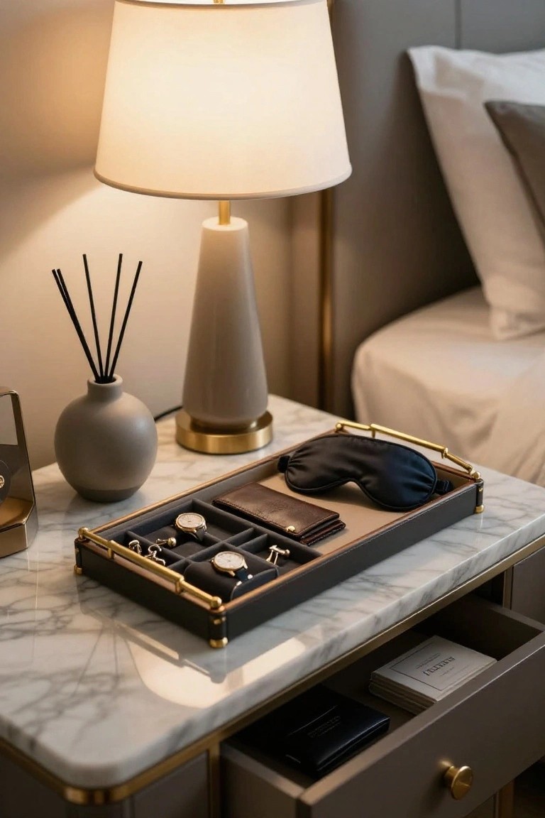 A marble bedside table holds a black tray with gold trim containing two watches, a brown wallet, and a dark sleep mask, with an open drawer showing cards and a small black pouch below.