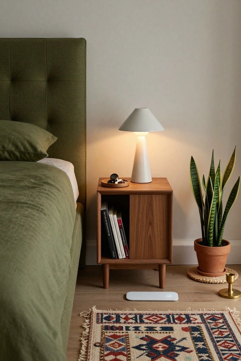 Bedside wooden cabinet with lamp, books, plant, and patterned rug.
