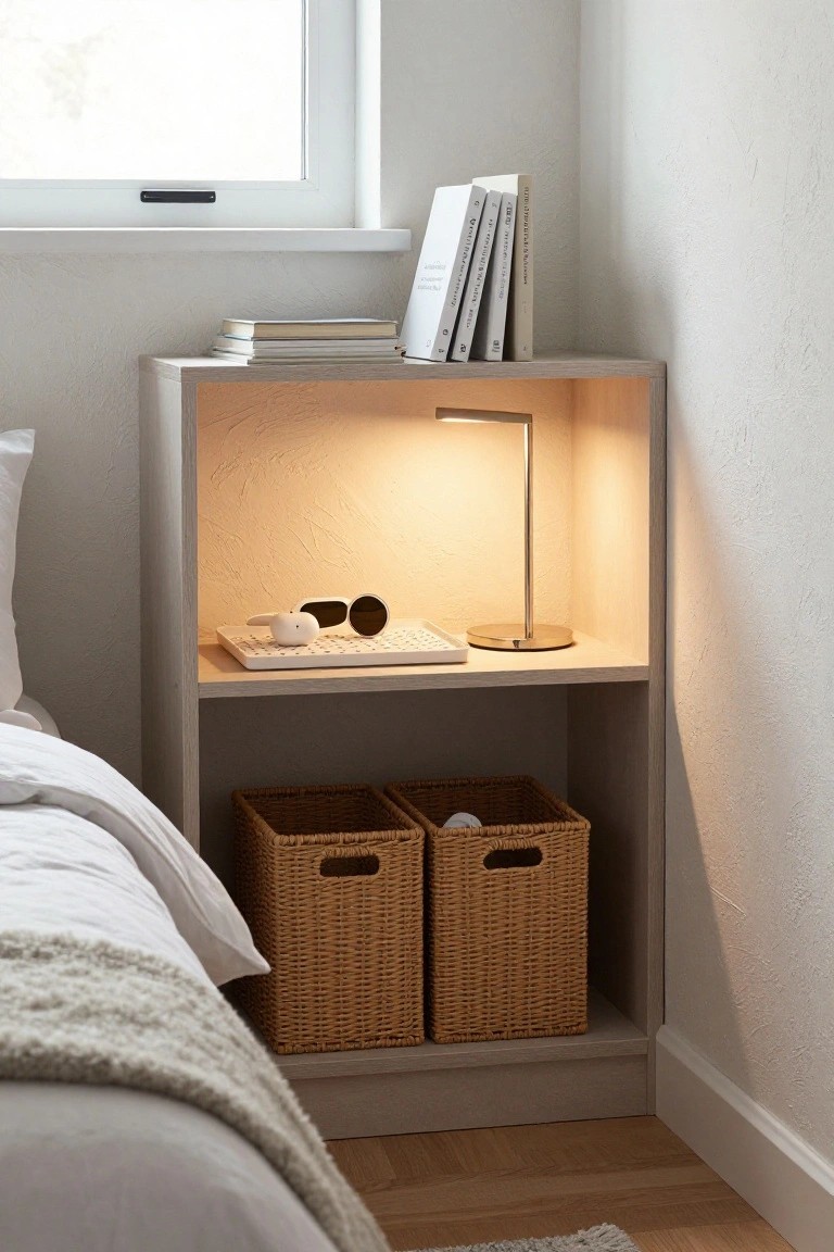 A light wood nightstand with an illuminated upper shelf holding a lamp and tray, books stacked on top, and two woven baskets on the lower shelf beside a bed.