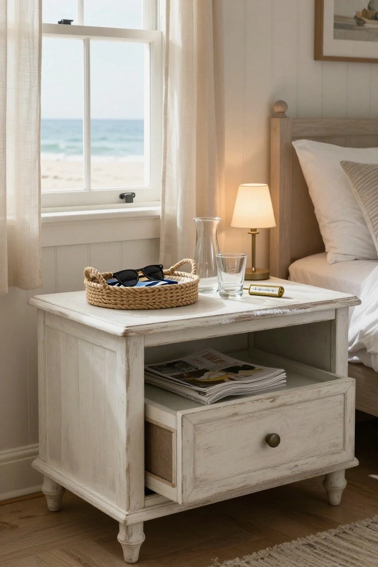Whitewashed wooden nightstand with drawer beside ocean-view window in bedroom.