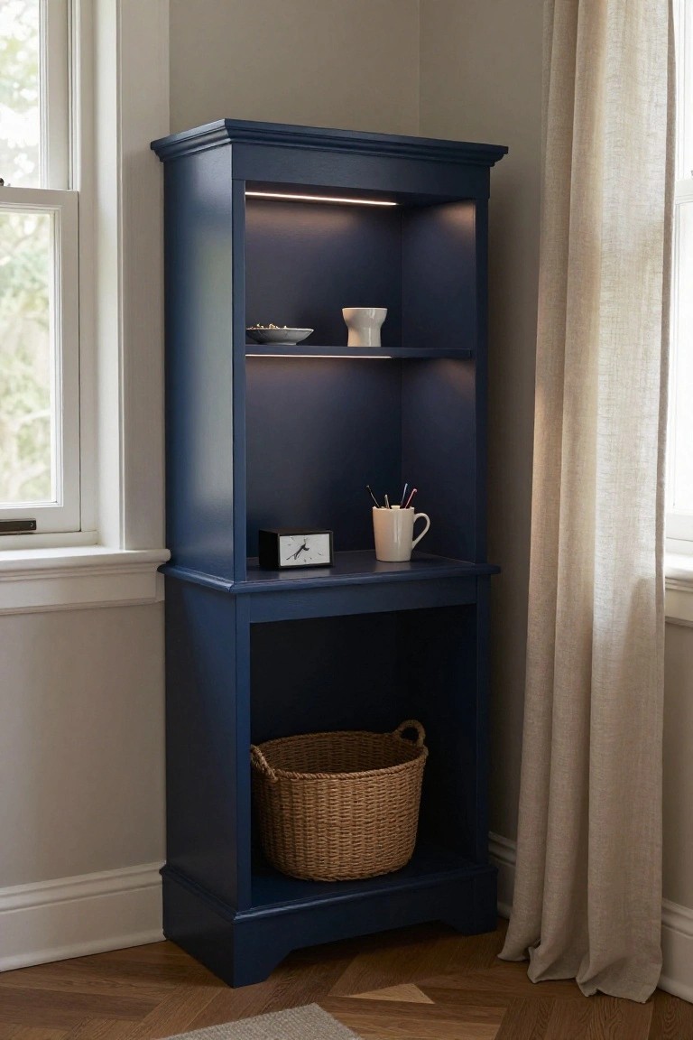 A tall dark blue open shelving unit with integrated lighting, positioned between two windows in a room with wood flooring and beige curtains.