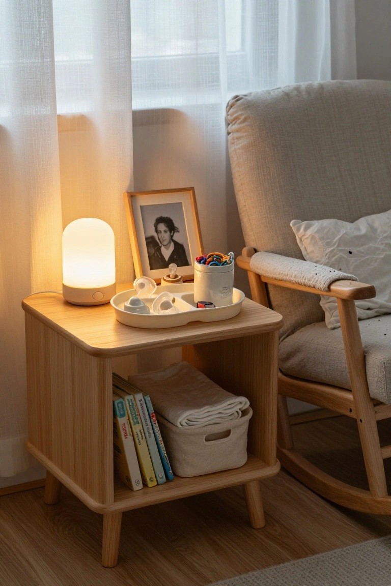 A light wood bedside table with a glowing lamp, framed photo, and white tray holding pacifiers on top, plus books and a fabric storage basket on the open lower shelf, positioned next to a rocking chair.