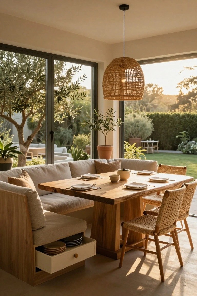 Wooden built-in bench with beige cushions and open white drawer storing plates, next to a wooden dining table set with dishes, rattan chairs, and large windows overlooking a garden.