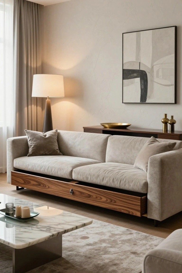 Beige upholstered sofa with wooden storage drawers underneath in a light-colored living room, next to a marble coffee table, floor lamp, and abstract artwork on the wall.