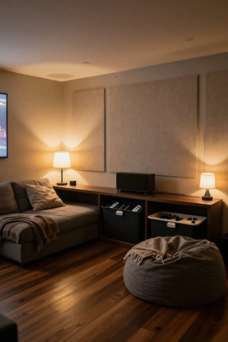 Living room corner with gray sofa on wooden console holding black and white storage bins with game controllers and remotes, two table lamps, black speaker, wall-mounted TV, beige acoustic panels, and gray bean bag on hardwood floor.