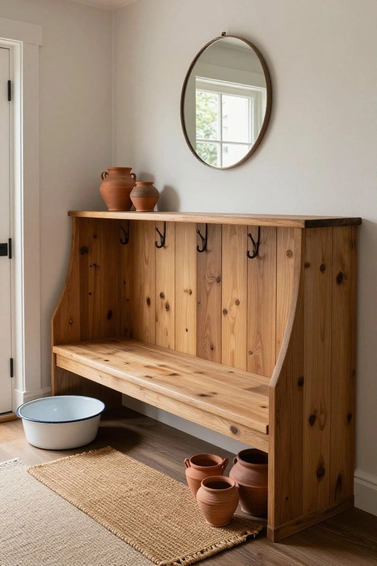 Wooden entryway bench with vertical slats, three coat hooks, overhead shelf holding two terracotta pots, round brass mirror on white wall nearby, white metal basin and more terracotta pots under bench on seagrass rug in light room.