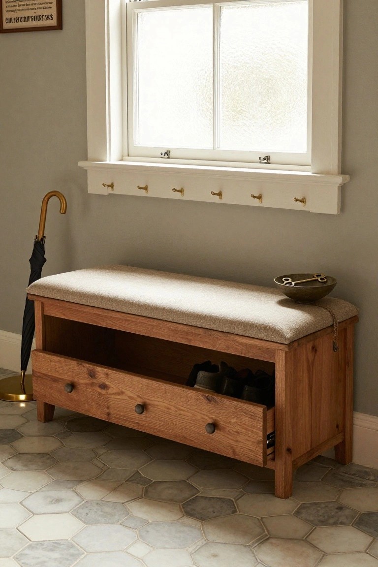 Wooden bench with beige cushion, open drawer containing shoes, umbrella stand, coat hooks on wall, and window in light gray entryway with hexagonal floor tiles.