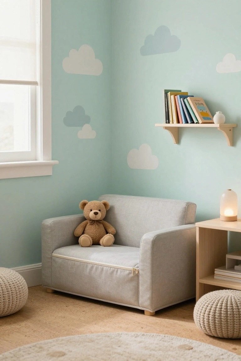 Corner of a light green children's room featuring a gray upholstered armchair with a teddy bear, wooden bookshelf with books, side table with lamp, knit poufs, and round rug on cork floor.