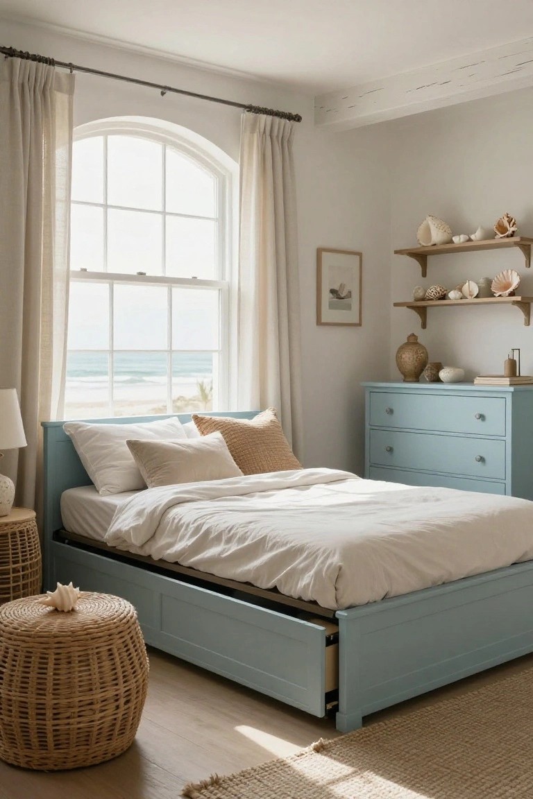 Light blue platform bed with open under-bed storage drawers in a white-walled bedroom, arched window showing beach view, matching blue dresser, rattan stools, and shell decor on wooden shelves.
