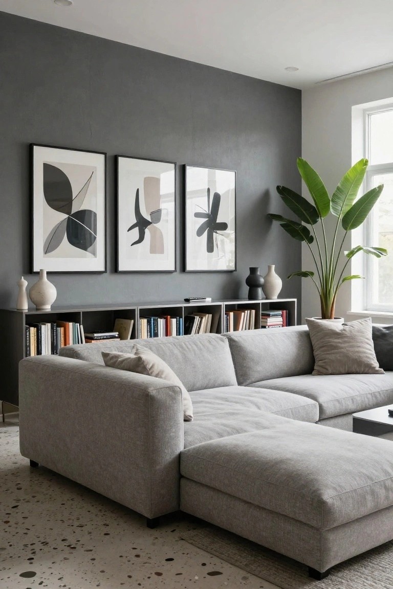 Gray L-shaped sectional sofa with ottoman in a modern living room, black bookshelves with books below abstract artworks on a textured gray wall, tall potted plant near window, and terrazzo-style floor.
