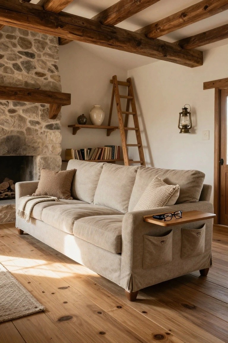 Beige sofa in a rustic living room with wooden arm tray holding eyeglasses and phone, fabric storage pockets on the armrest, stone fireplace, wooden beams overhead, ladder shelf, and books nearby.