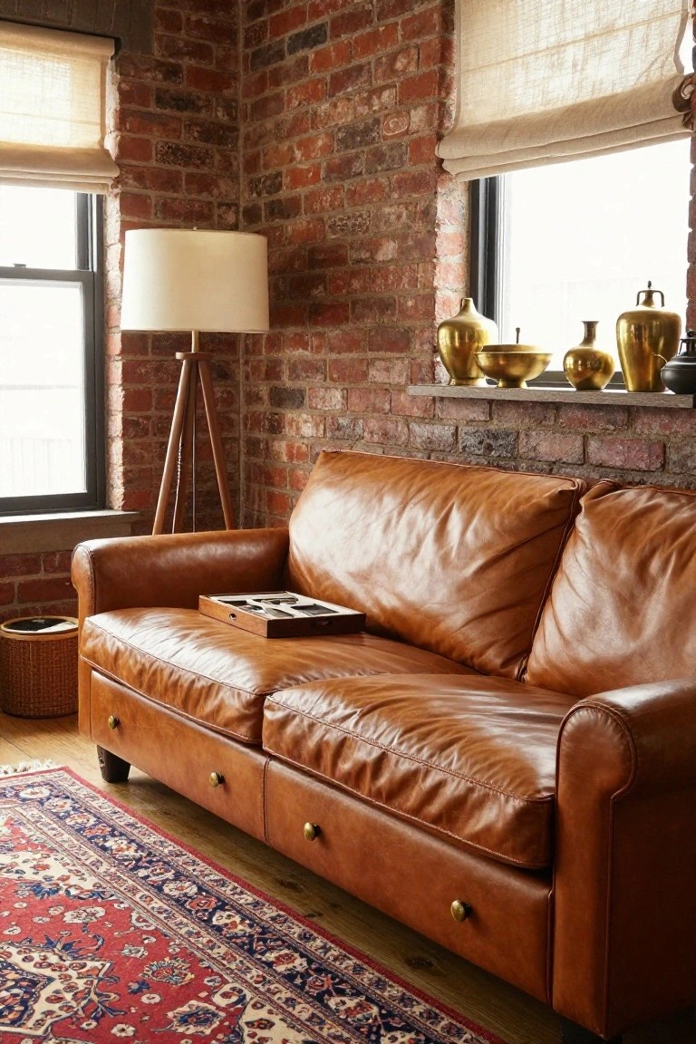 Tan leather sofa in brick-walled room with wooden tray holding divided storage box on armrest, wicker baskets nearby, gold metal vases on shelf, and patterned rug on wood floor.