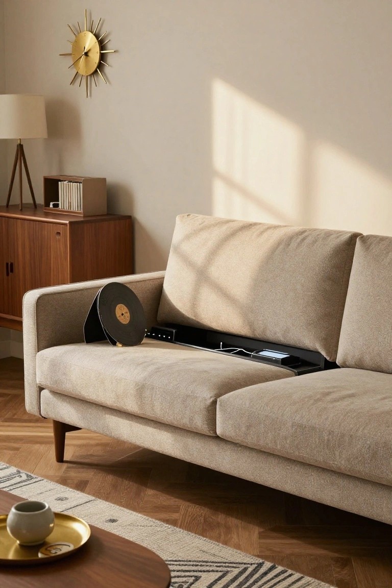 Beige fabric sofa with black integrated armrest tray holding a vinyl record stand, black device box, and charging spots in a light-filled living room with wooden credenza, tripod lamp, and sunburst wall clock.