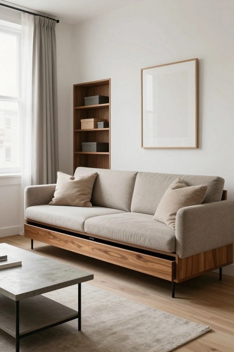 Beige fabric two-seater sofa with wooden base and pull-out drawers on metal legs in a white-walled living room with sheer window curtains, wooden wall shelves, empty framed artwork, and concrete coffee table on light wood floor.