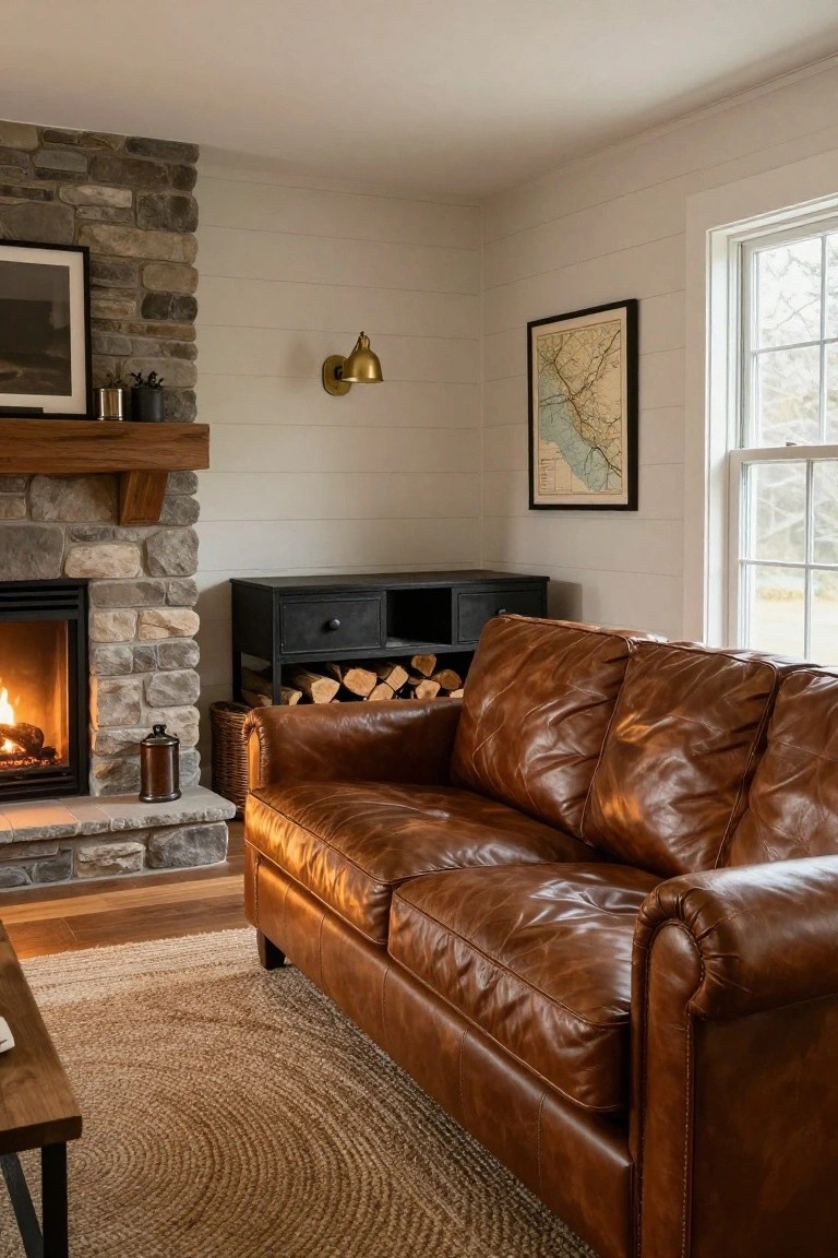 Living room corner featuring a stone fireplace with gas fire, brown leather sofa, black open cabinet stacked with firewood logs, wood side table, and seagrass rug on hardwood floor.