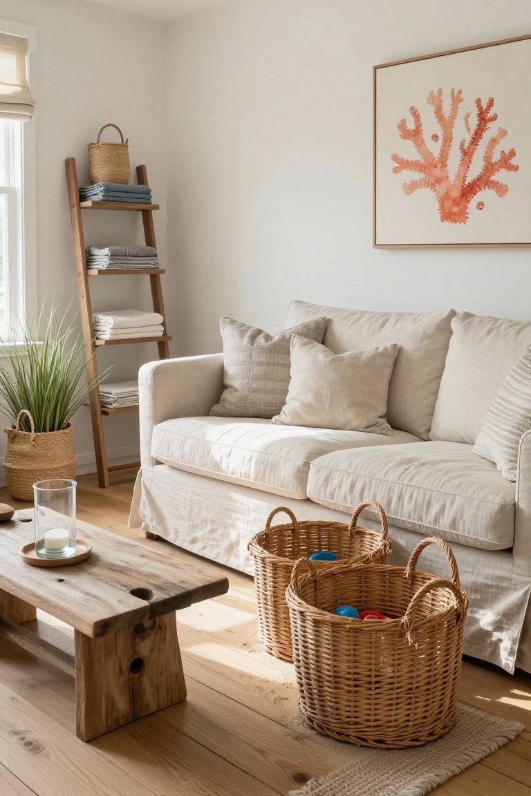 Cream slipcovered sofa in a light room with ladder shelf holding linens, potted plant, wooden coffee table with candle, and two large wicker baskets containing colorful toys on the wood floor beside the sofa.