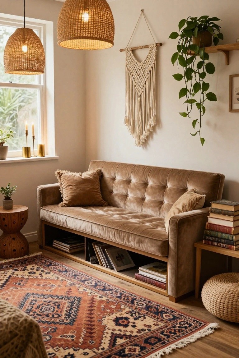 A cozy living room with a brown tufted velvet sofa featuring open built-in shelves in its base holding stacks of books, flanked by wooden side tables, plants, rattan pendant lights, and a woven rug on hardwood floors.