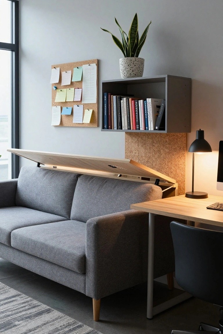 Gray fabric sofa with wooden lift-up seat compartment open, positioned next to a wooden desk and office chair in a modern living room with bookshelves, corkboard, and potted plant.