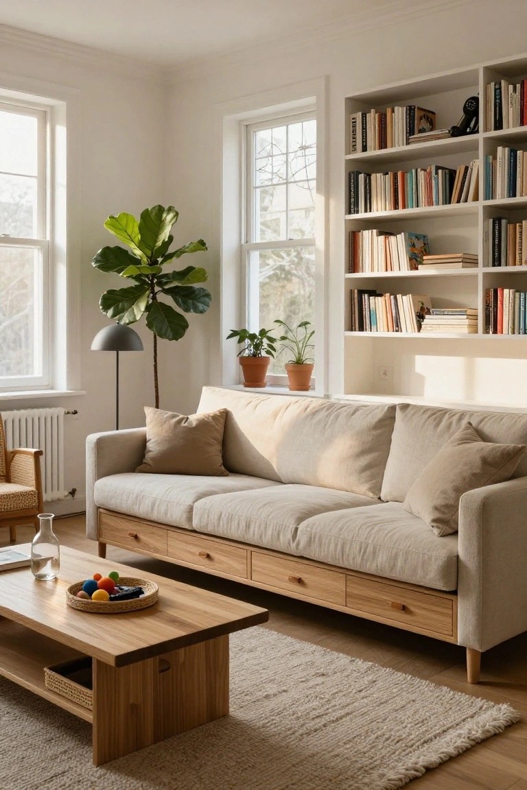 Bright living room with beige sofa, wooden shelves, coffee table, and large plant.