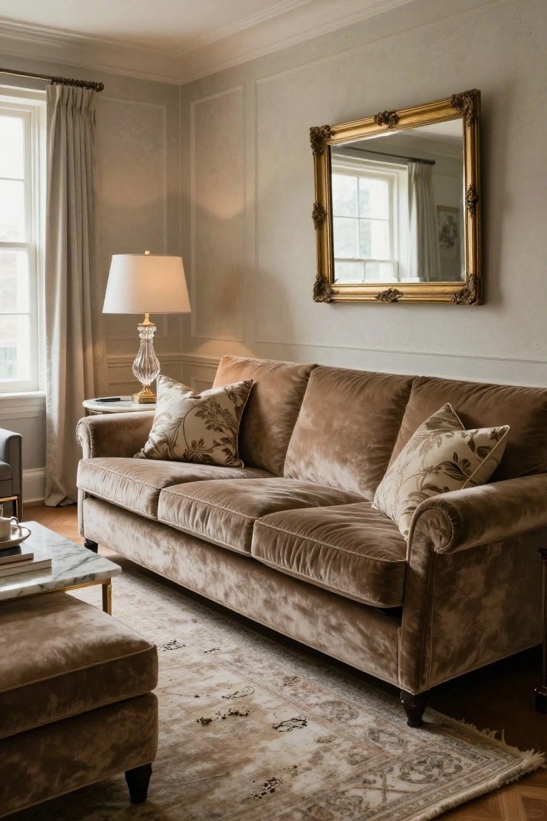 Light taupe velvet sofa with patterned pillows and matching pouf ottoman on beige rug in paneled room with gold mirror lamp and window.