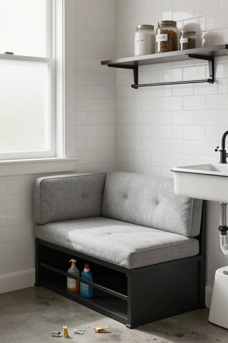 Gray upholstered corner bench with black metal frame and open lower shelf holding yellow and blue cleaning bottles, positioned next to white farmhouse sink in white subway-tiled bathroom corner with window and wall shelves.
