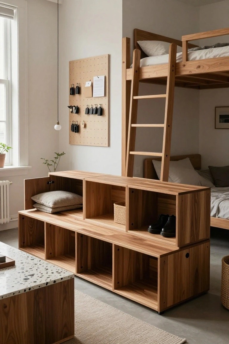 Small bedroom with wooden bunk bed, ladder, modular wooden storage bench with open shelves holding shoes, pillows, and baskets, cork bulletin board, potted plant, and neutral bedding.