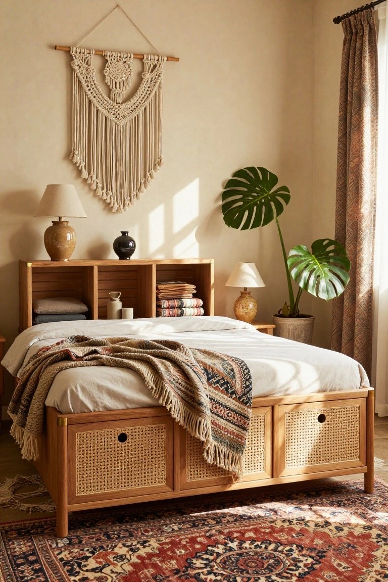 Wooden platform bed with open shelves in headboard holding books and pillows, cane-front drawers at base, macrame wall hanging, monstera plant in corner, ceramic lamps and vases on shelves, neutral bedding, and patterned rug on floor in beige-walled bedroom.